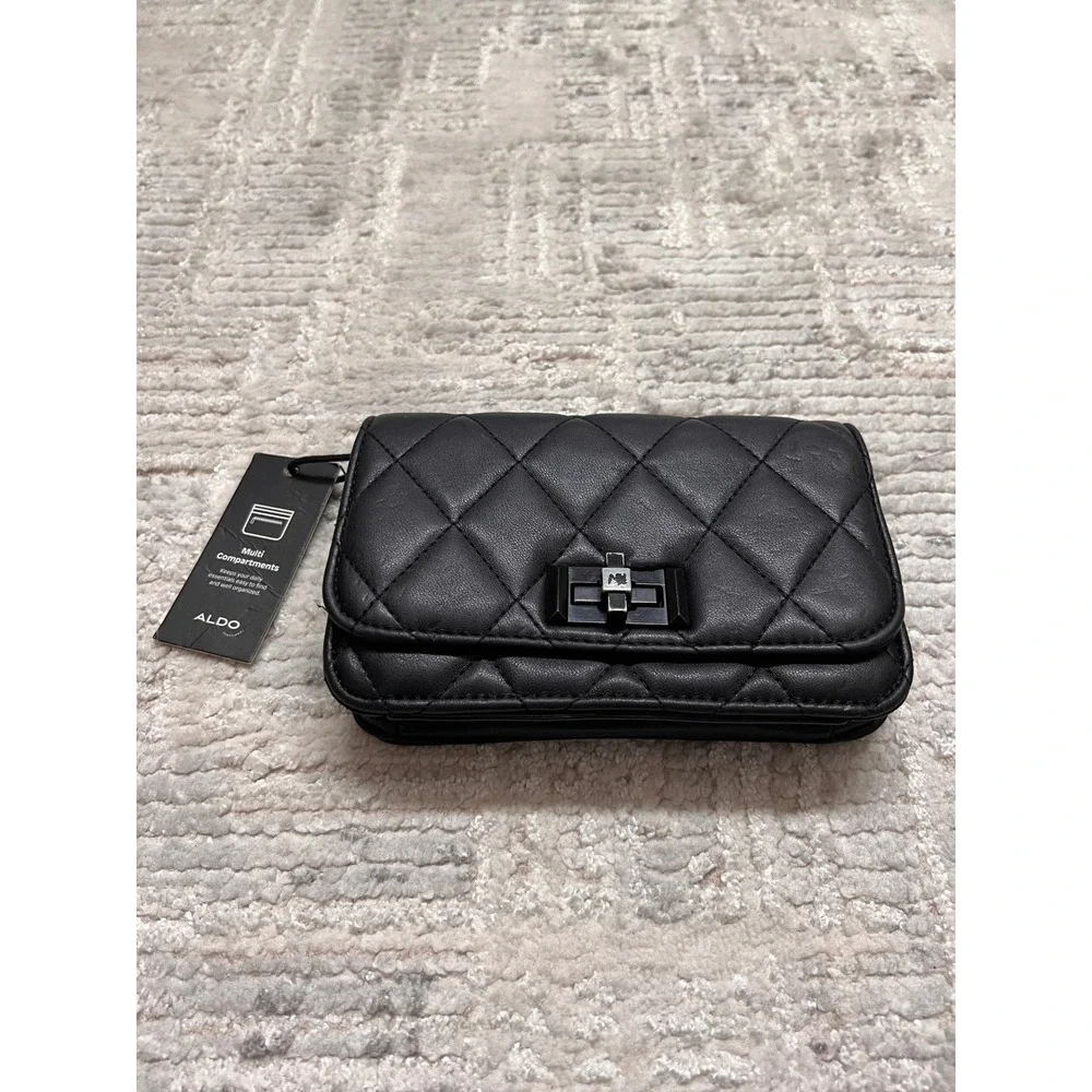 ALDO Black Quilted Faux Leather Clutch‎ Bag Multi Compartment